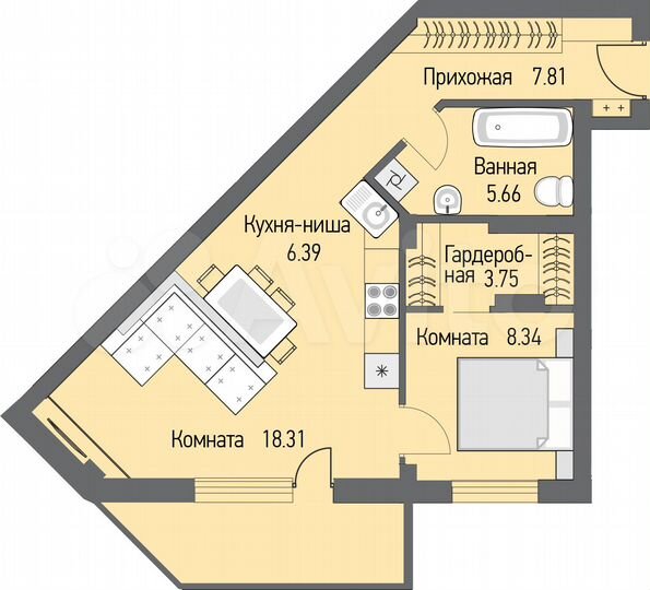 2-к. квартира, 51,3 м², 6/16 эт.