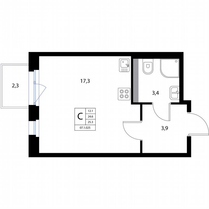 Квартира-студия, 25,3 м², 3/3 эт.