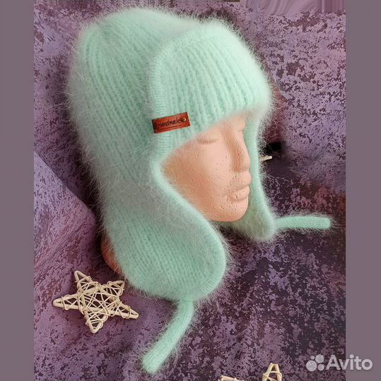 Шапка ушанка женская вязаная из пуха