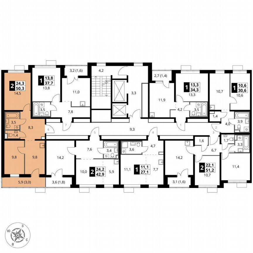 2-к. квартира, 50,3 м², 4/24 эт.