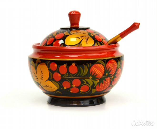 Сахарница расписная с ложкой D12,5 H12. Ваза для в