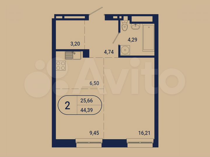 2-к. квартира, 44,4 м², 4/9 эт.