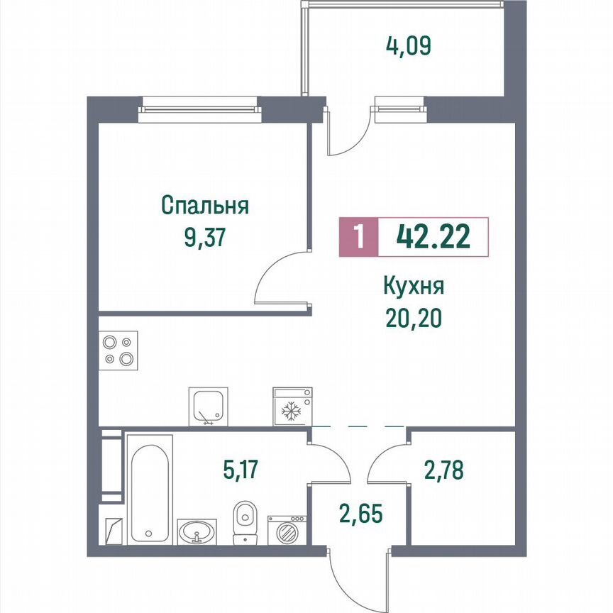 1-к. квартира, 42,2 м², 3/16 эт.