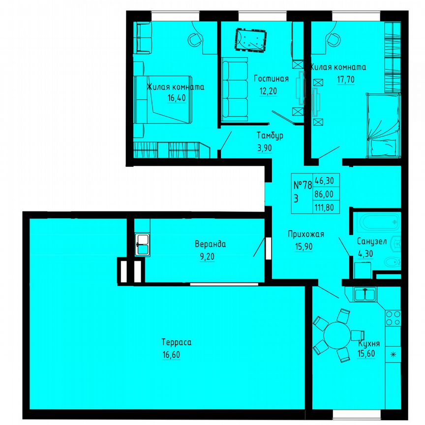 3-к. квартира, 111,8 м², 8/8 эт.
