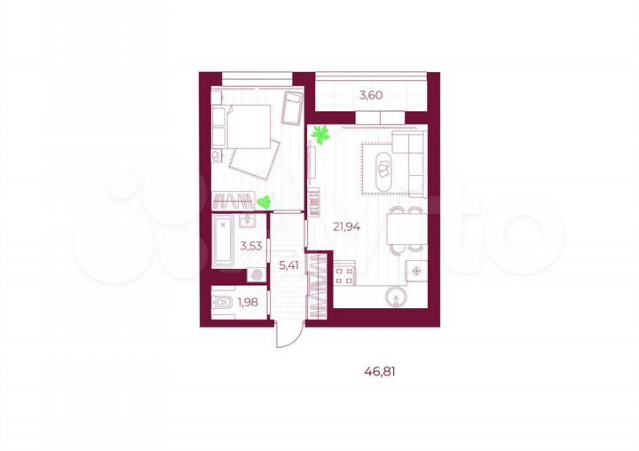 1-к. квартира, 46,8 м², 6/10 эт.