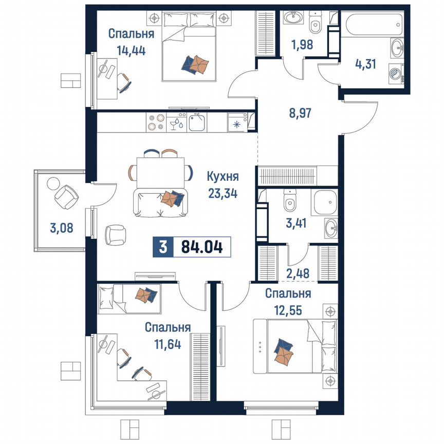 3-к. квартира, 84 м², 13/18 эт.