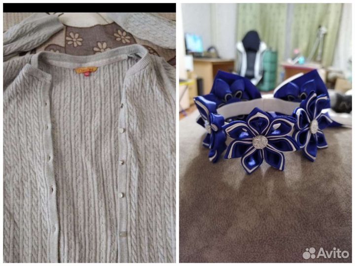 Кофта Школьная серая 152, бант на голову школьный