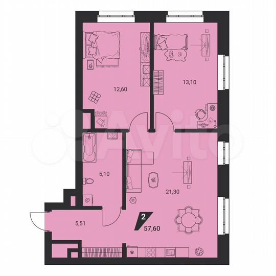 2-к. квартира, 57,6 м², 2/8 эт.