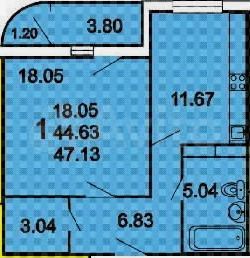 1-к. квартира, 45 м², 7/17 эт.