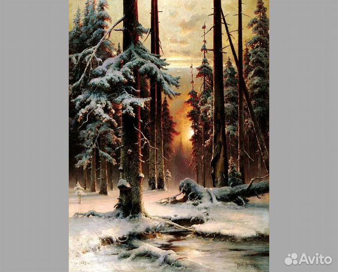 Декоративная настенная тарелка Зимний закат в елов