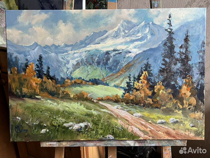 Картина маслом на холсте пейзаж горы Кавказ 40*60