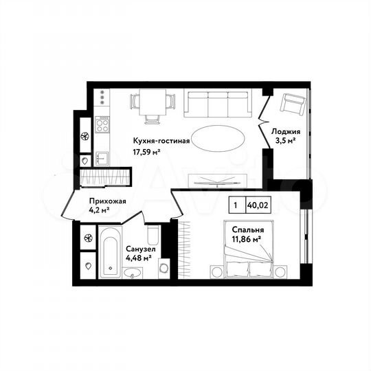 1-к. квартира, 40 м², 14/25 эт.
