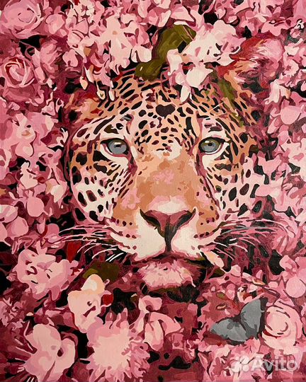 Картина 40*50 «Розовые цветы и леопард»