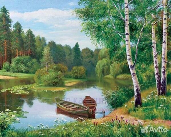 Алмазная мозаика 40x50 Две лодки у лесного берега