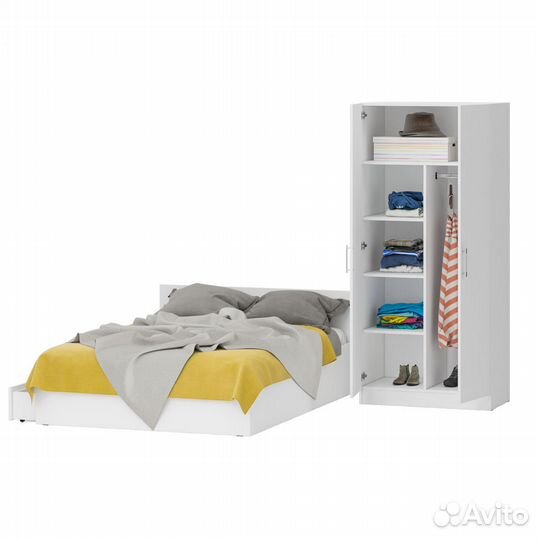 Кровать белая двуспальная с ящиками 1400 со шкафом для одежды 2-х створчатым Стандарт, цвет белый, с