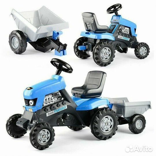 Синий трактор с прицепом на педалях