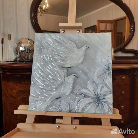 Картина маслом на холсте голуби, серебряная поталь