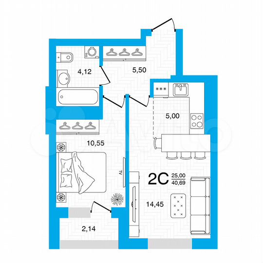 2-к. квартира, 40,7 м², 9/22 эт.