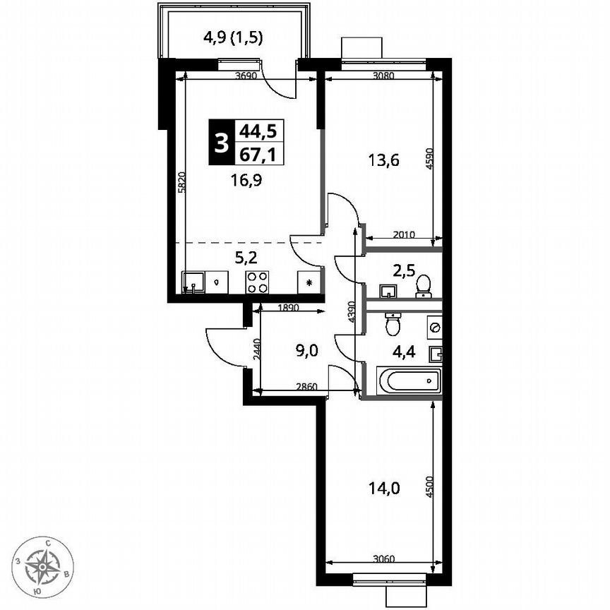 2-к. квартира, 67,1 м², 7/9 эт.