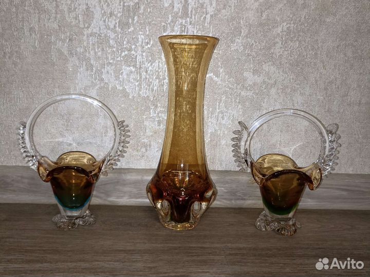 Ваза корзиночка цветное стекло СССР хрусталь