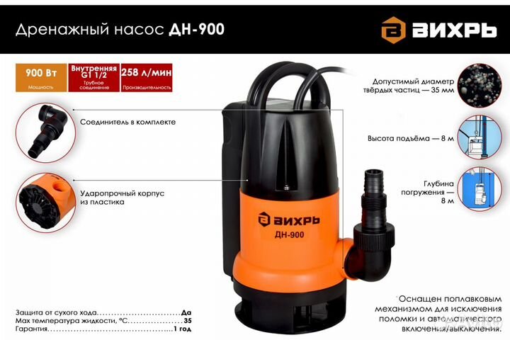 Дренажный насос для грязной воды Вихрь дн-900 68/2