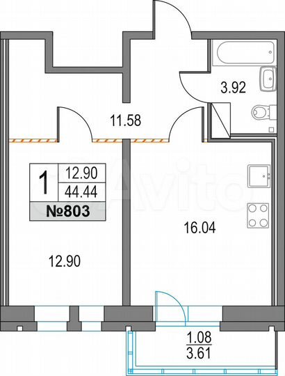 1-к. квартира, 44,4 м², 4/25 эт.
