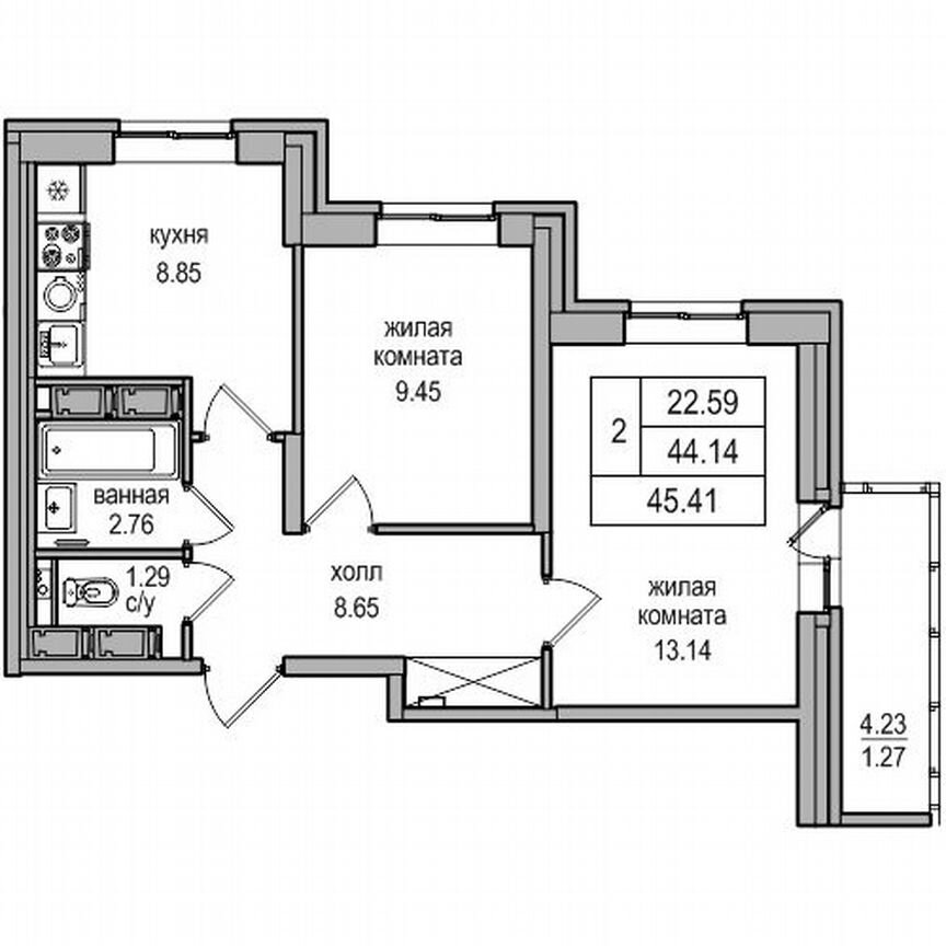 2-к. квартира, 45,2 м², 20/27 эт.