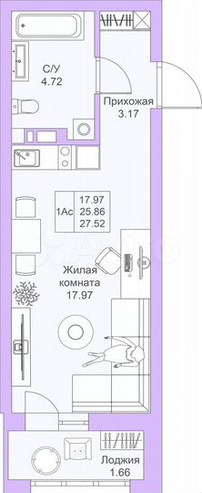 Квартира-студия, 27,5 м², 16/25 эт.