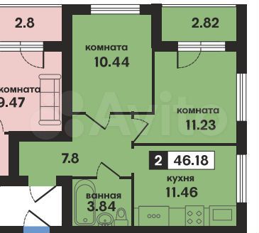2-к. квартира, 46,2 м², 2/4 эт.