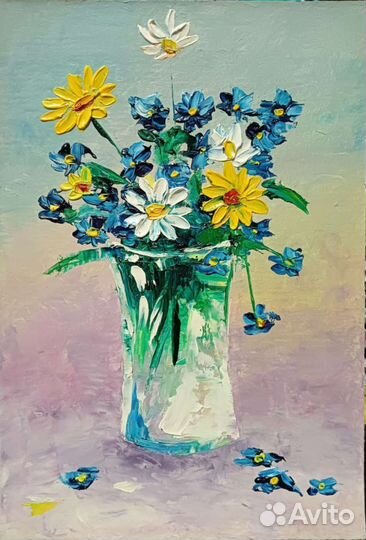 Картина маслом цветы букет, полевые цветы 15*21см