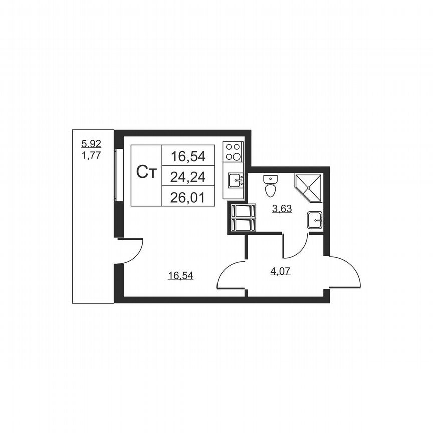 Квартира-студия, 26 м², 15/19 эт.