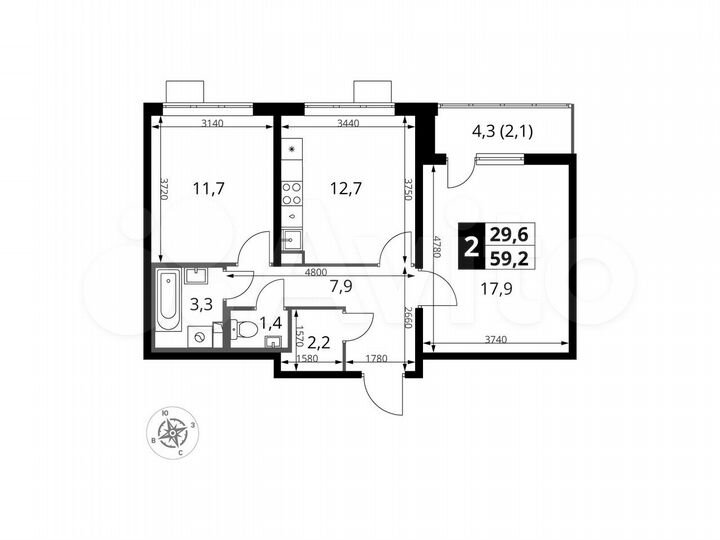 2-к. квартира, 59,2 м², 22/25 эт.