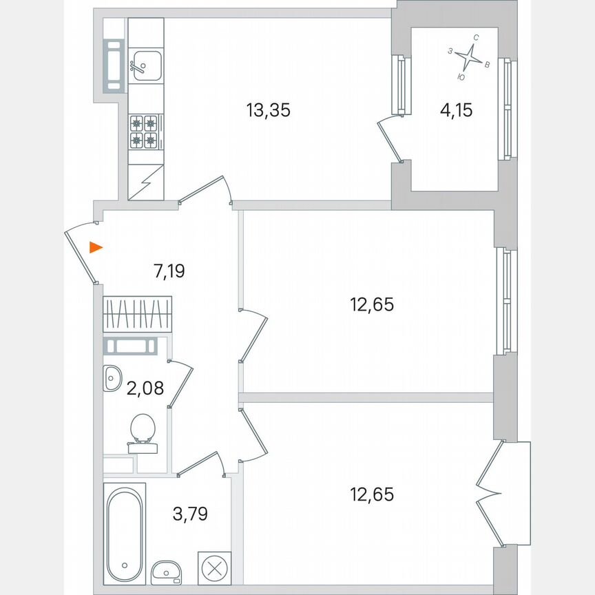 2-к. квартира, 53,8 м², 4/4 эт.