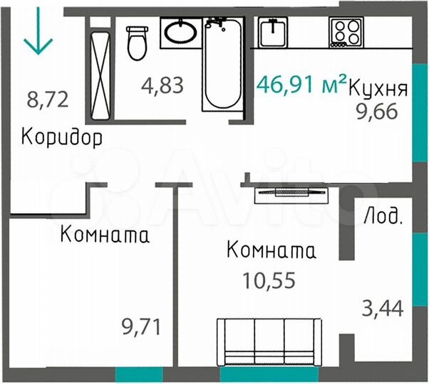 2-к. квартира, 47 м², 9/16 эт.