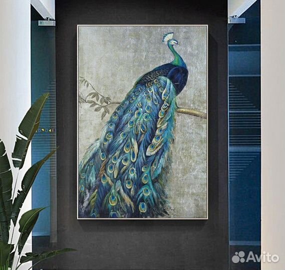 Синяя Картина маслом с павлином. Павлин