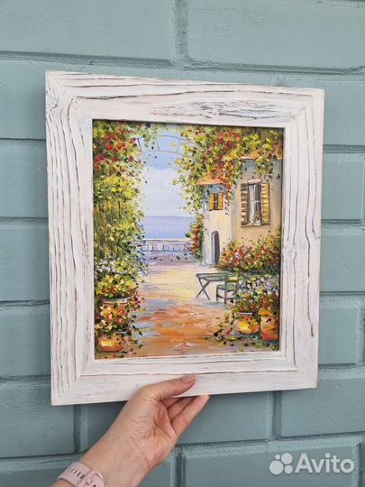 Картина маслом пейзаж морской цветы дом 24х30см