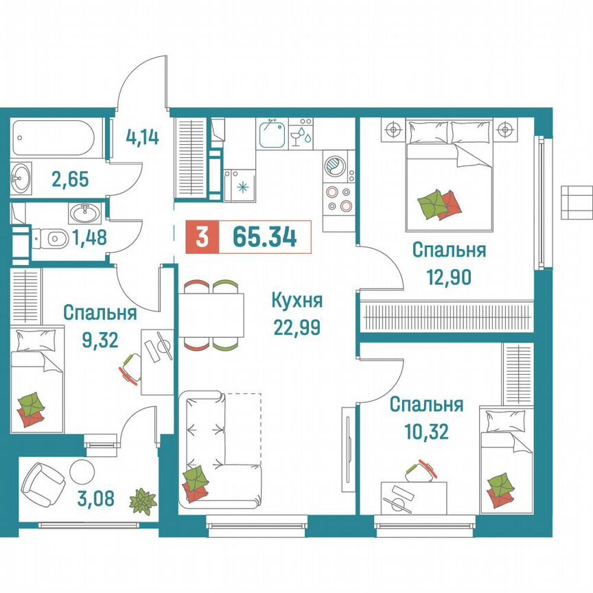 3-к. квартира, 65,3 м², 13/18 эт.