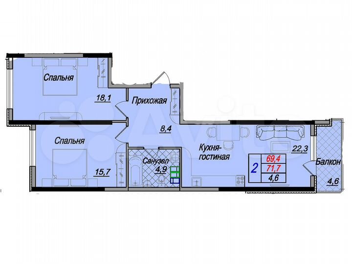 2-к. квартира, 71,4 м², 8/8 эт.