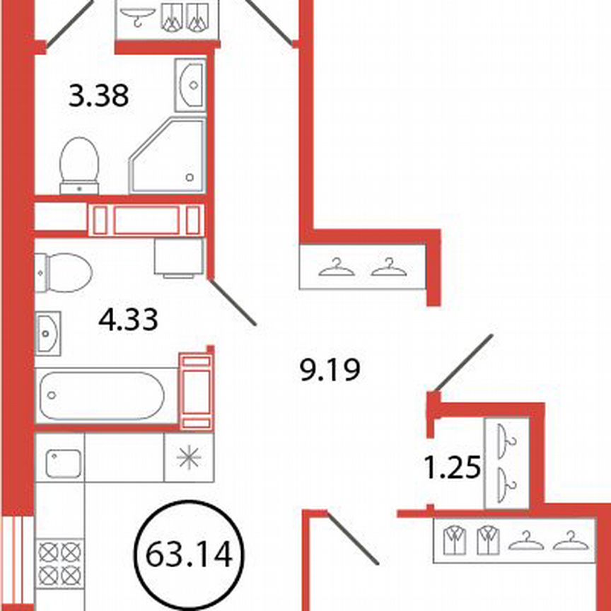 2-к. квартира, 63,1 м², 12/12 эт.