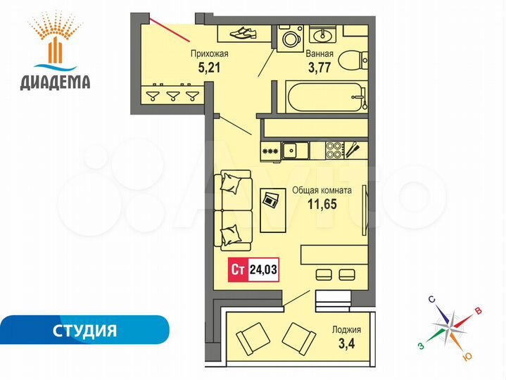 Квартира-студия, 24 м², 16/22 эт.