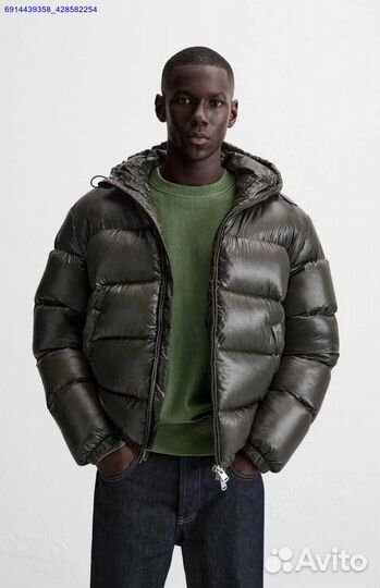 Пуховик Zara x Moncler Глянцевый Хаки (Арт.17755)