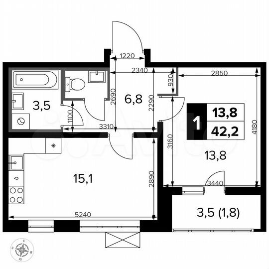 1-к. квартира, 42,2 м², 22/22 эт.
