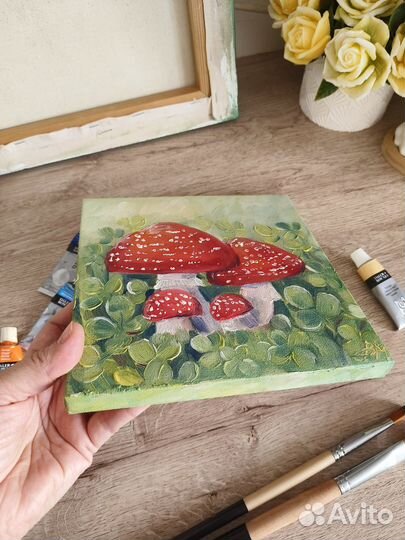Картина с мухоморами маслом на холсте 20х20 см