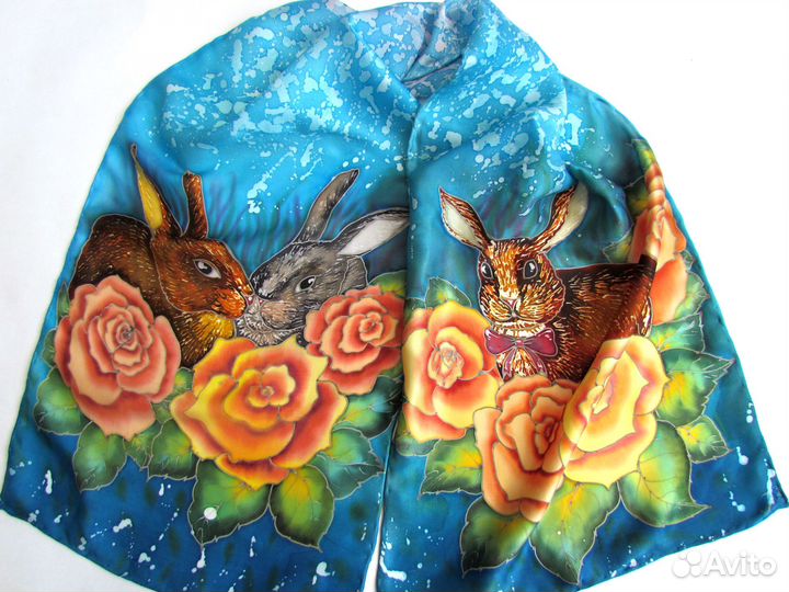 Шёлковый шарф с кроликами ручная роспись батик