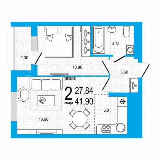 2-к. квартира, 41,3 м², 3/18 эт.
