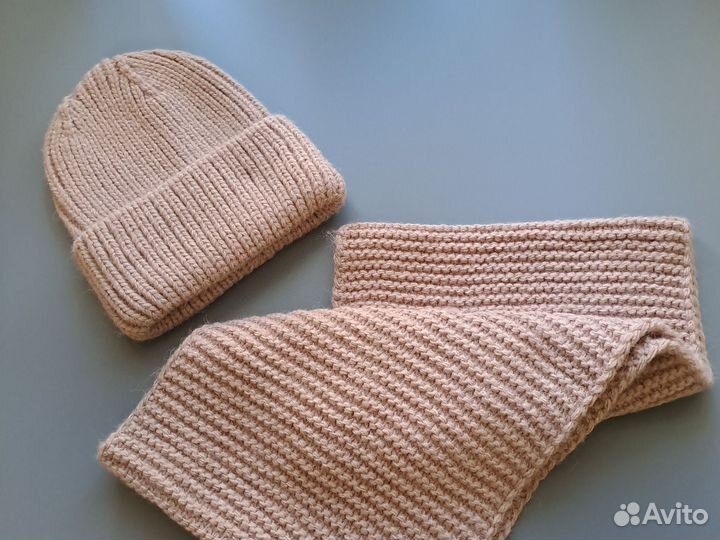 Шапка женская вязаная бини снуд комплект бежевый