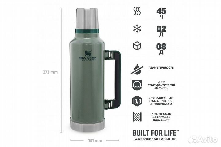 Новый Термос Stanley Classic 1.9 л, темно-зеленый