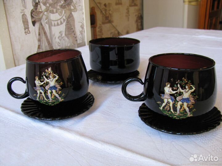 Набор из 3 чашек 300 мл с блюдцами тёмного стекла