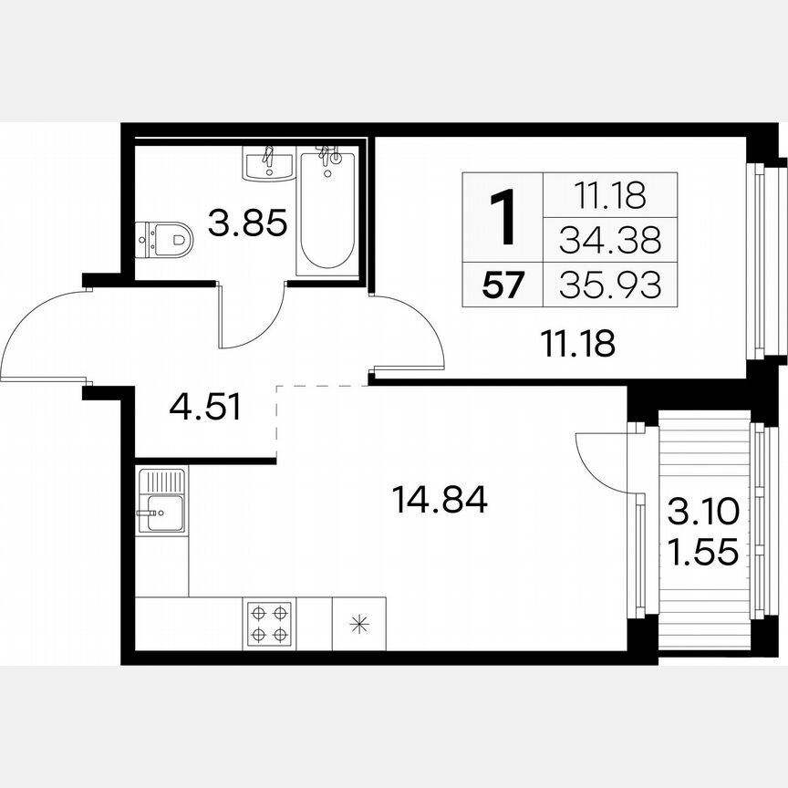 1-к. квартира, 35,9 м², 7/15 эт.