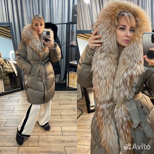 Пальто Пуховик 95см мокко с объемной лисой